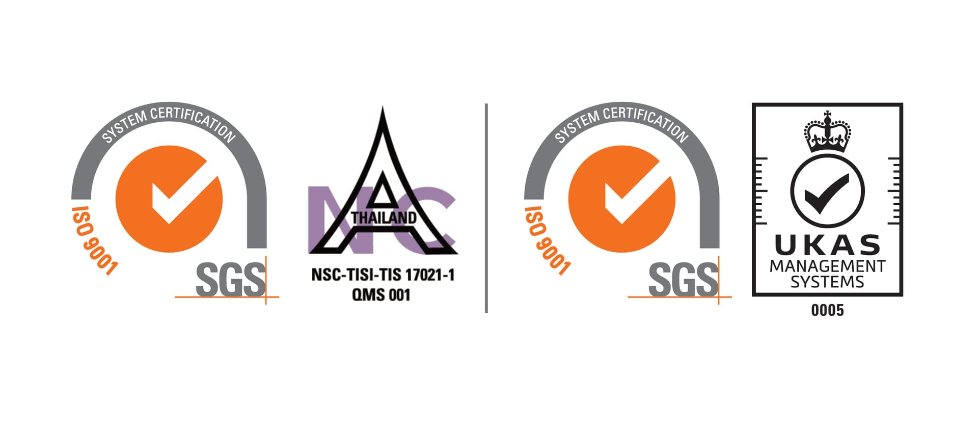SGS ISO 9001 certification marks with the NAC (Thailand) and UKAS accreditation marks