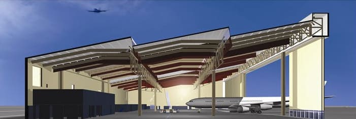 Cutaway rendering of a hangar showing steel roof trusses, a wide-body aircraft inside and a dark annex block