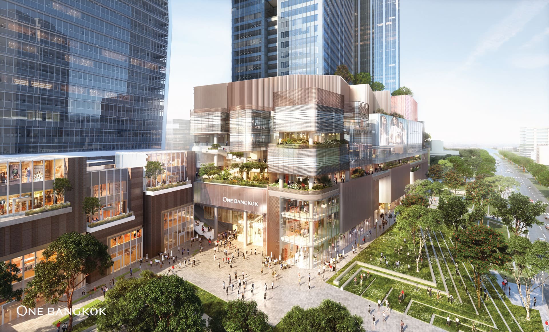 Rendering of the One Bangkok retail podium: terraced facades, a crowded plaza and a landscaped park beside glass towers