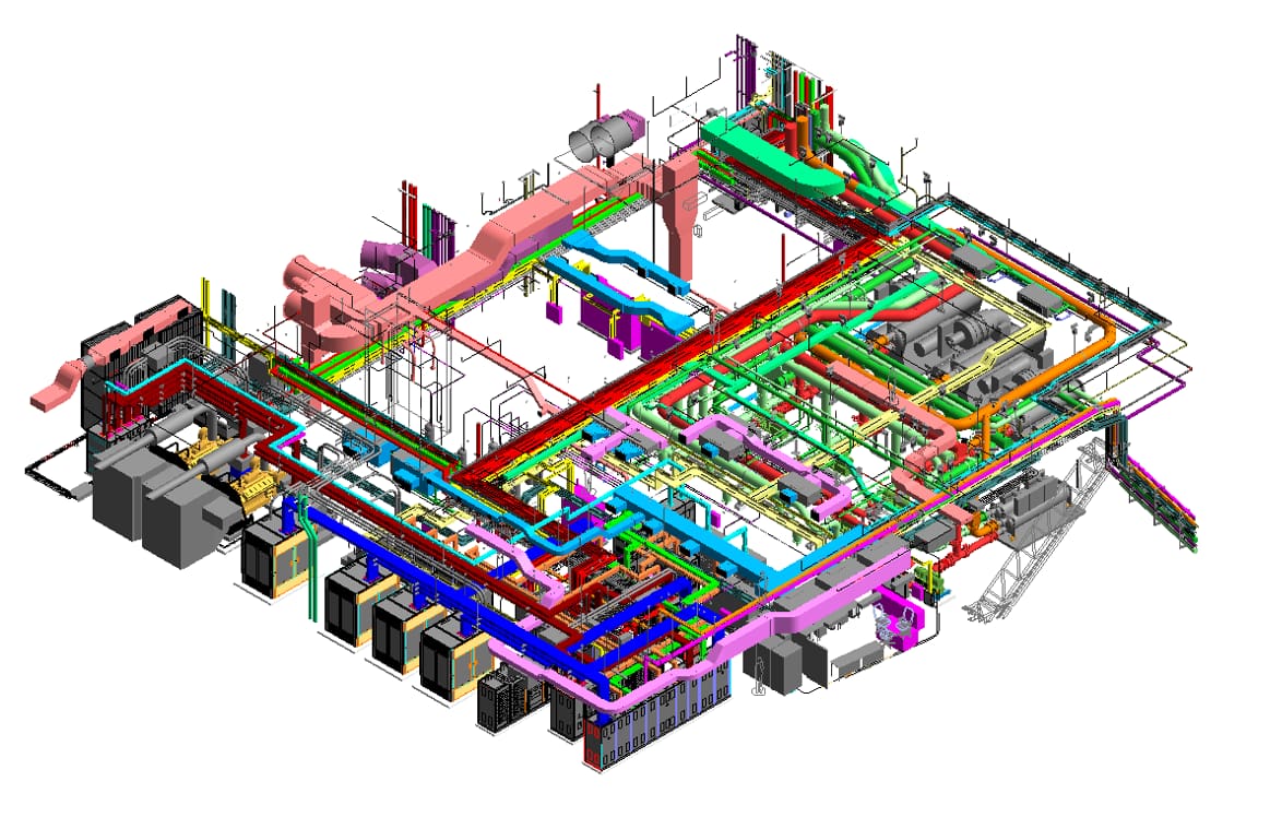 Colour-coded 3D model of building services: ducts, pipes, cable trays, generator sets, chillers and switchboards on one level