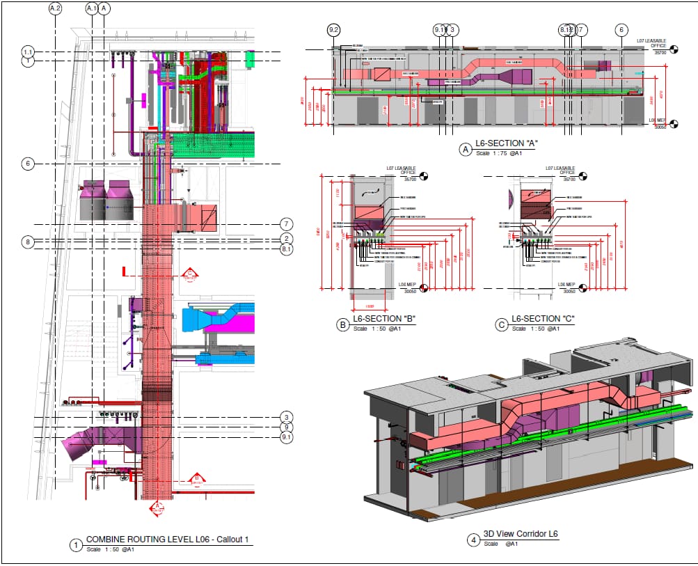 BIM coordination sheet: combined services routing plan, three sections and a 3D view of ducts and cable trays in a corridor