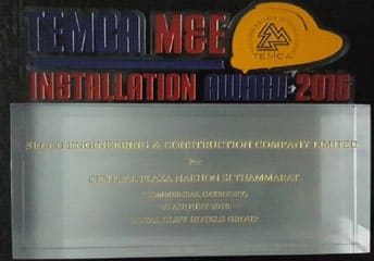 Glass TEMCA M&E Installation Award 2016 plaque with a yellow hard-hat emblem, engraved to SECCO Engineering & Construction Company Limited