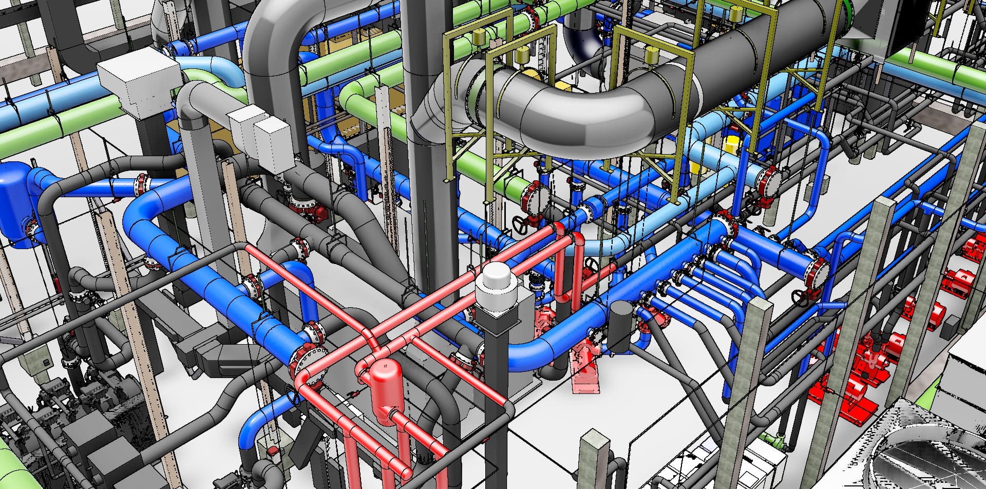 Colour-coded 3D model of plant-room pipework with valves, supports and pumps