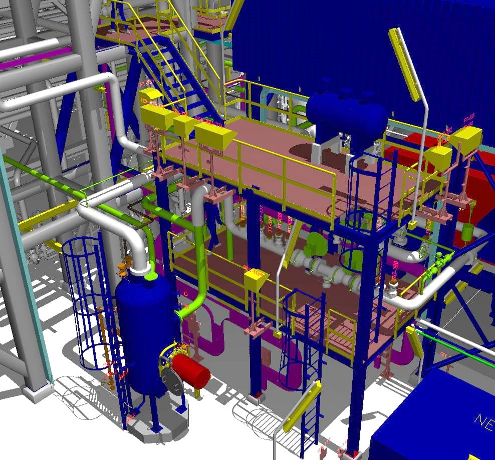 Colour-coded 3D model of plant equipment: a blue vessel, pipework, steel platforms, stairs and caged ladders